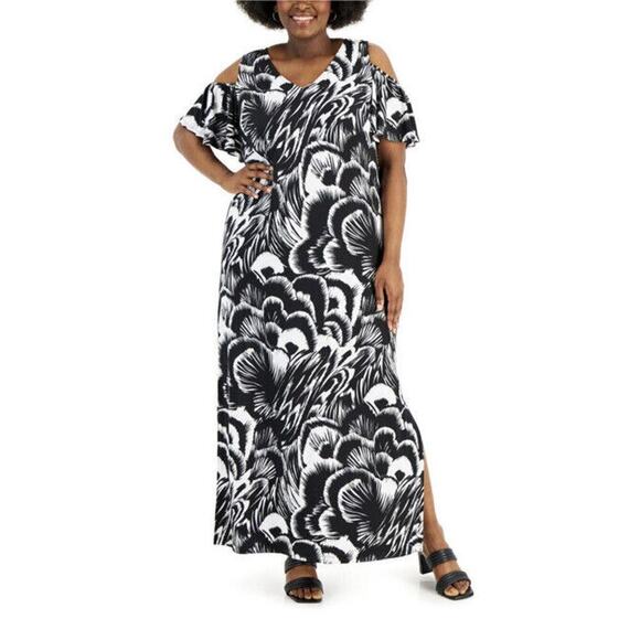 Connected Dresses & Skirts - Connected Apparel Women's Black/White Cold Shoulder Midi Dress Plus Size 18W NEW